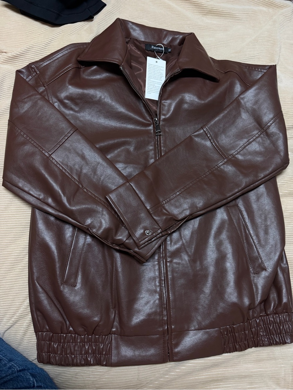 Amazon Brown Oversized Faux Leather Women's Zip-Front Jacket